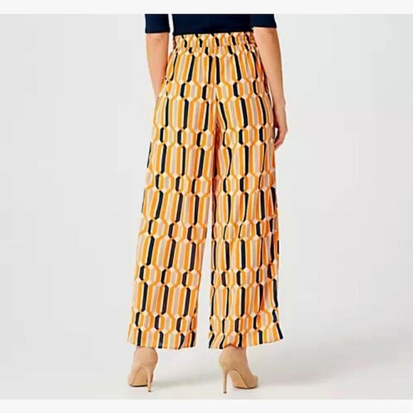 Womens Wide Leg Pants Petite Large Orange Satin Geo-Print Mod Funky Groovy - Picture 3 of 16